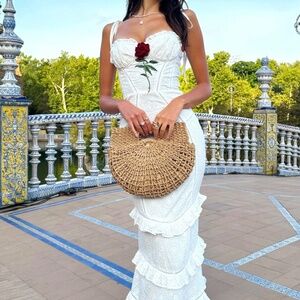 CLUB L LONDON - NEW- BRODERIE ROSE-EMBROIDERED RUFFLED-MAXI DRESS